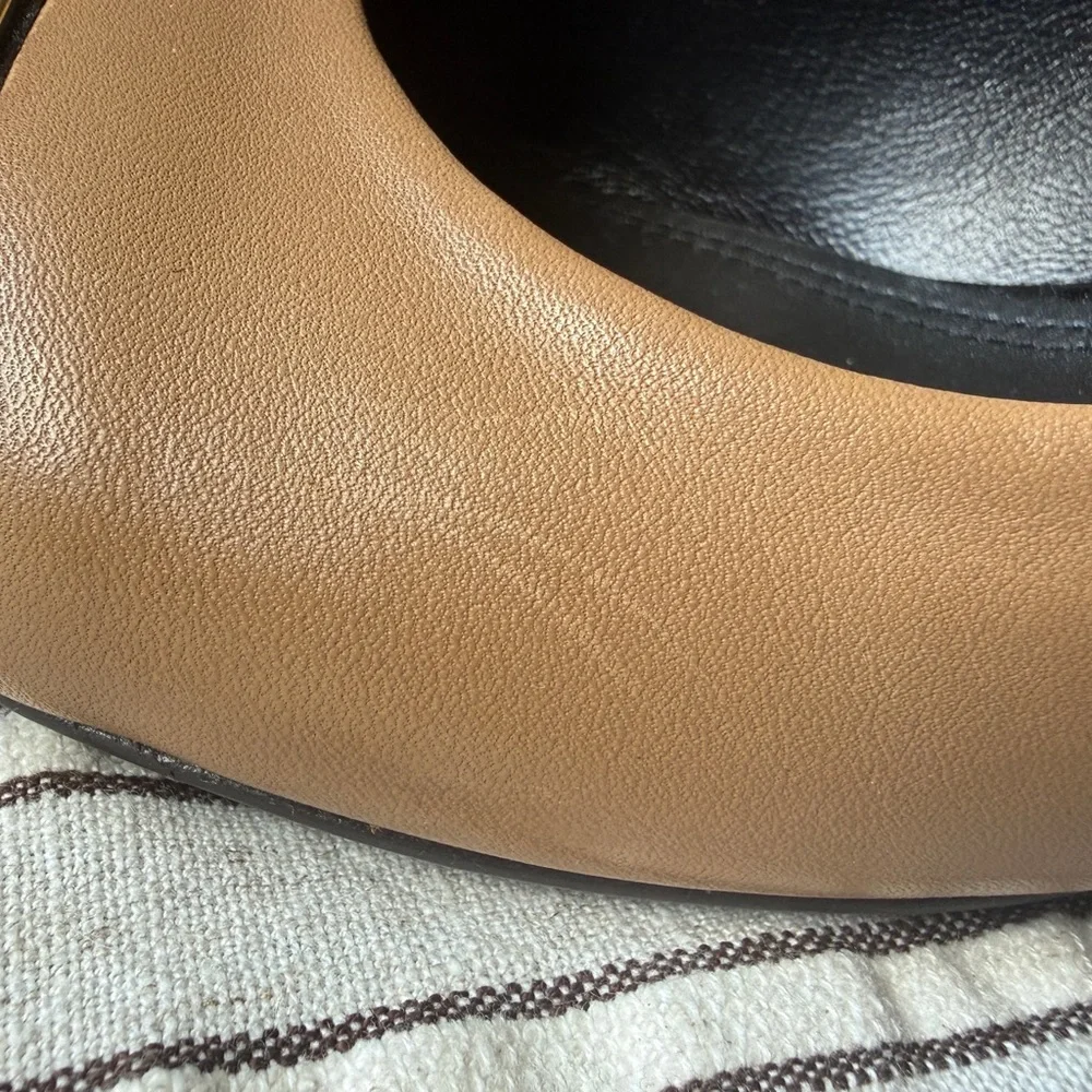 Tory Burch Beige Leather Flats with Black Patent Cap-Toe and Gold Trim